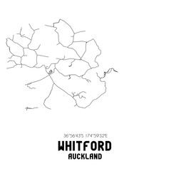 Whitford, Auckland, New Zealand. Minimalistic road map with black and white lines