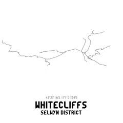 Whitecliffs, Selwyn District, New Zealand. Minimalistic road map with black and white lines