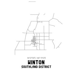 Winton, Southland District, New Zealand. Minimalistic road map with black and white lines
