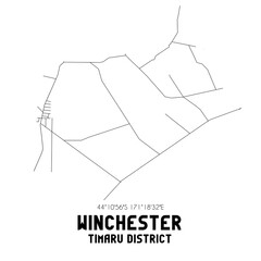 Winchester, Timaru District, New Zealand. Minimalistic road map with black and white lines