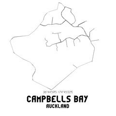 Campbells Bay, Auckland, New Zealand. Minimalistic road map with black and white lines