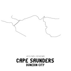 Cape Saunders, Dunedin City, New Zealand. Minimalistic road map with black and white lines