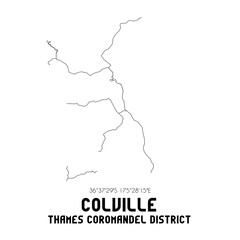 Colville, Thames-Coromandel District, New Zealand. Minimalistic road map with black and white lines