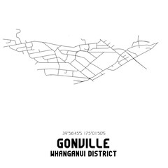 Gonville, Whanganui District, New Zealand. Minimalistic road map with black and white lines