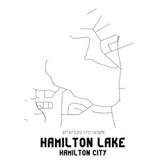 Hamilton Lake, Hamilton City, New Zealand. Minimalistic road map with black and white lines