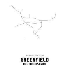 Greenfield, Clutha District, New Zealand. Minimalistic road map with black and white lines