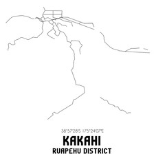 Kakahi, Ruapehu District, New Zealand. Minimalistic road map with black and white lines