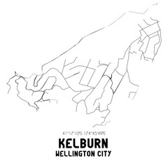 Kelburn, Wellington City, New Zealand. Minimalistic road map with black and white lines