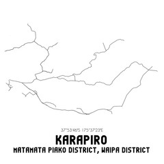 Karapiro, Matamata-Piako District, Waipa District, New Zealand. Minimalistic road map with black and white lines