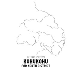 Kohukohu, Far North District, New Zealand. Minimalistic road map with black and white lines