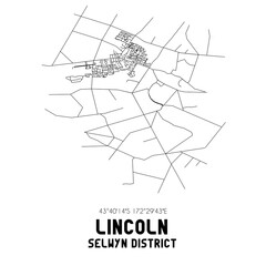 Lincoln, Selwyn District, New Zealand. Minimalistic road map with black and white lines