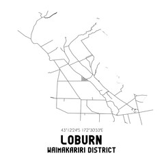 Loburn, Waimakariri District, New Zealand. Minimalistic road map with black and white lines