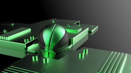 Black-Green Basketball on Mechanical Metallic Green Titanium Plates. 3D illustration. 3D CG. High resolution.