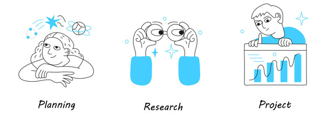 Expert help, planning strategy, income growth vector ui stories in doodle style.