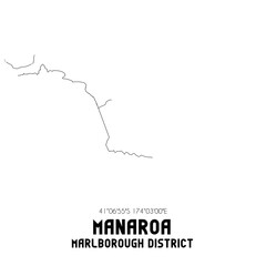 Manaroa, Marlborough District, New Zealand. Minimalistic road map with black and white lines