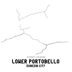Lower Portobello, Dunedin City, New Zealand. Minimalistic road map with black and white lines