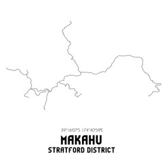 Makahu, Stratford District, New Zealand. Minimalistic road map with black and white lines