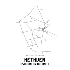 Methven, Ashburton District, New Zealand. Minimalistic road map with black and white lines