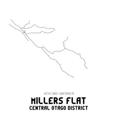 Millers Flat, Central Otago District, New Zealand. Minimalistic road map with black and white lines