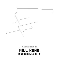 Mill Road, Invercargill City, New Zealand. Minimalistic road map with black and white lines