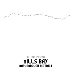 Mills Bay, Marlborough District, New Zealand. Minimalistic road map with black and white lines