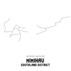 Mimihau, Southland District, New Zealand. Minimalistic road map with black and white lines