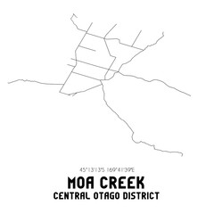 Moa Creek, Central Otago District, New Zealand. Minimalistic road map with black and white lines