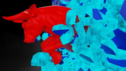 Fototapeta premium One charging red painted bull destroys the blue illuminated wall in dramatic contrasting light representing financial market trends under black-white background. Concept 3D CG of stock market.