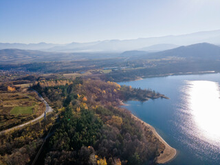 Fototapeta na wymiar Aerial view of Srechenska Bara Reservoir, Bulgaria