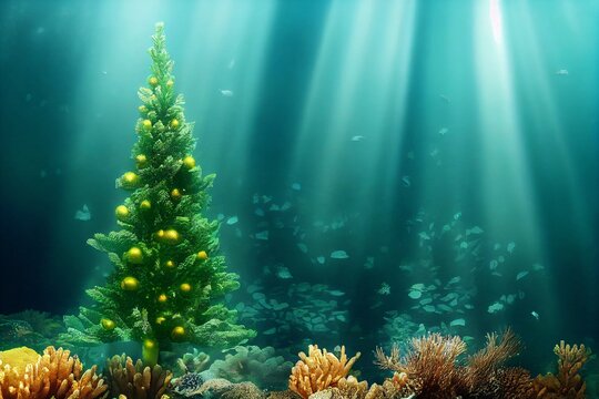illustration of a decorated christmas tree under water in a reef for a unique christmas greetings card