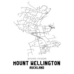 Mount Wellington, Auckland, New Zealand. Minimalistic road map with black and white lines