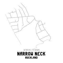 Narrow Neck, Auckland, New Zealand. Minimalistic road map with black and white lines