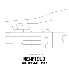 Newfield, Invercargill City, New Zealand. Minimalistic road map with black and white lines