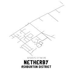 Netherby, Ashburton District, New Zealand. Minimalistic road map with black and white lines