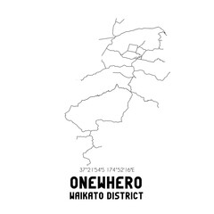 Onewhero, Waikato District, New Zealand. Minimalistic road map with black and white lines