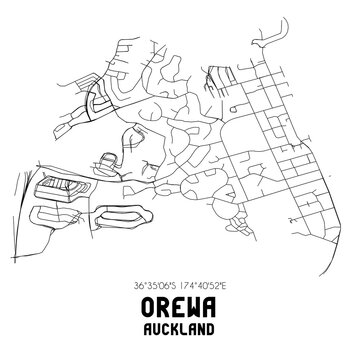Orewa, Auckland, New Zealand. Minimalistic road map with black and white lines