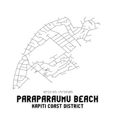 Paraparaumu Beach, Kapiti Coast District, New Zealand. Minimalistic road map with black and white lines