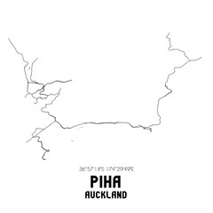 Piha, Auckland, New Zealand. Minimalistic road map with black and white lines