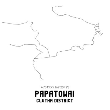 Papatowai, Clutha District, New Zealand. Minimalistic road map with black and white lines