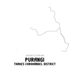 Purangi, Thames-Coromandel District, New Zealand. Minimalistic road map with black and white lines