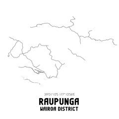 Raupunga, Wairoa District, New Zealand. Minimalistic road map with black and white lines