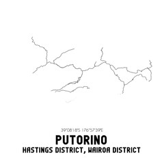 Putorino, Hastings District, Wairoa District, New Zealand. Minimalistic road map with black and white lines