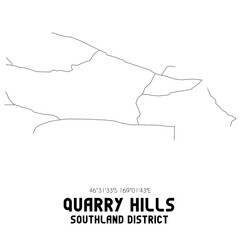 Quarry Hills, Southland District, New Zealand. Minimalistic road map with black and white lines