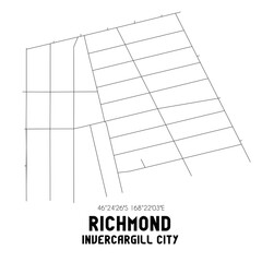 Richmond, Invercargill City, New Zealand. Minimalistic road map with black and white lines