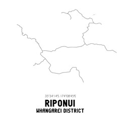 Riponui, Whangarei District, New Zealand. Minimalistic road map with black and white lines