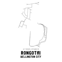 Rongotai, Wellington City, New Zealand. Minimalistic road map with black and white lines