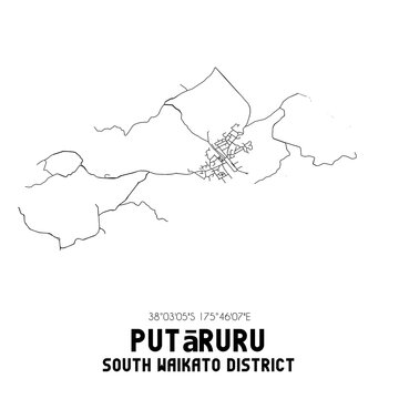 Putaruru, South Waikato District, New Zealand. Minimalistic road map with black and white lines