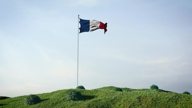 France, French flag waving in the wind on a beautiful landscape. Blue sky. 4K HD. Stunning image.