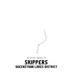 Skippers, Queenstown-Lakes District, New Zealand. Minimalistic road map with black and white lines
