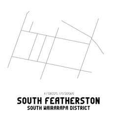 South Featherston, South Wairarapa District, New Zealand. Minimalistic road map with black and white lines